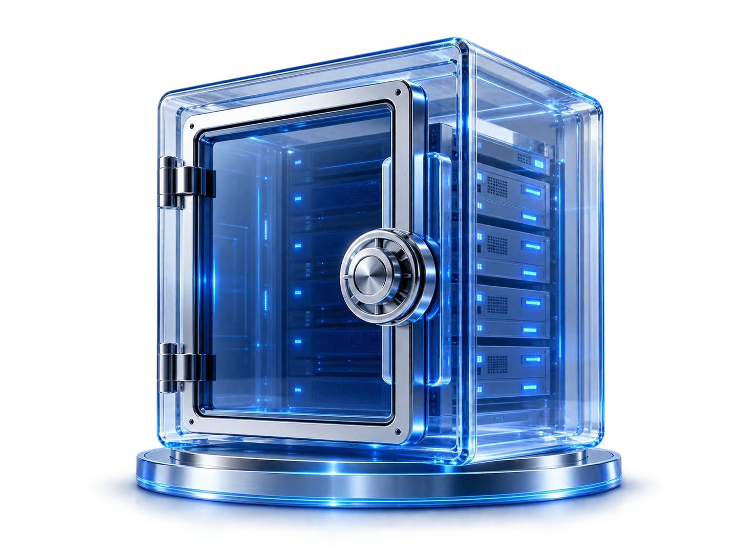 Transparenter digitaler Tresor aus Glas und Metall mit blauen Lichtdetails